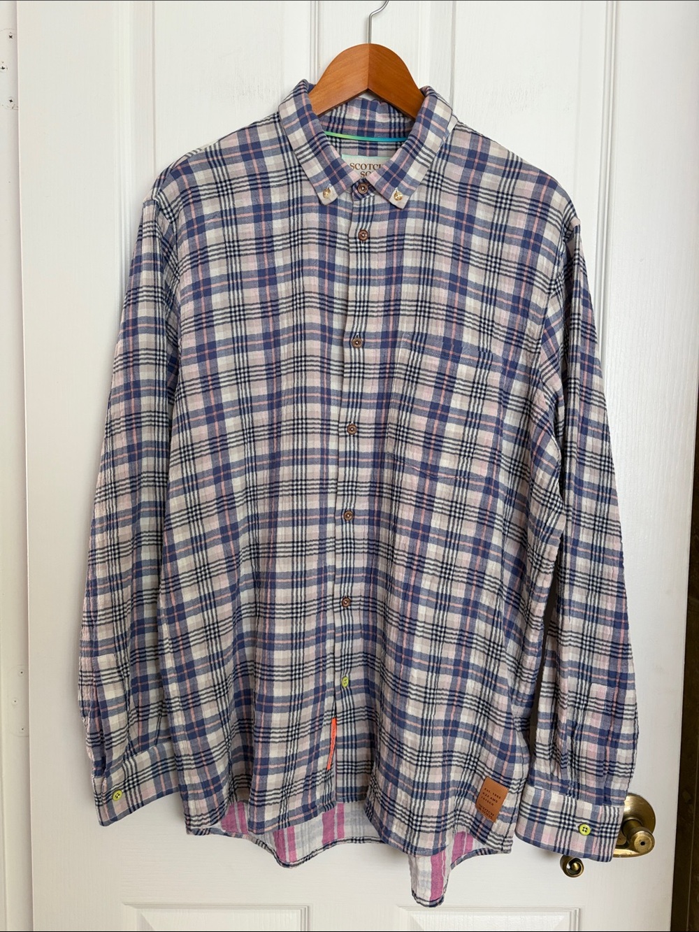 Scotch & Soda Men's Plaid Button-Down Shirt in Blue, White & Pink